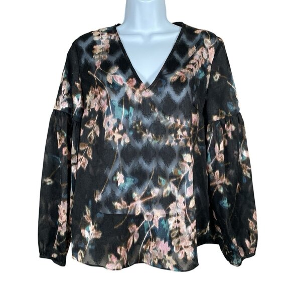Jigsaw Floral Chiffon Long Sleeve Blouse Size 4 Semi Sheer Textured Flowy Artsy - Picture 1 of 12